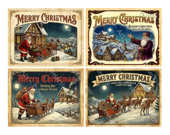 Christmas Stickers for Card Making and Decor, 4 Big Nostalgic Retro Postcards Sticker Illustrations, Cut and Peel Sheet, 1556