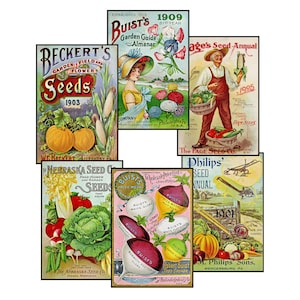 Garden Journal Stickers, 6 Old Fashioned Colorful 4&quot; x 2.75&quot; Seed Packets Catalog Cover Art Labels, Rustic Kitchen, Card Making Stickers, 4