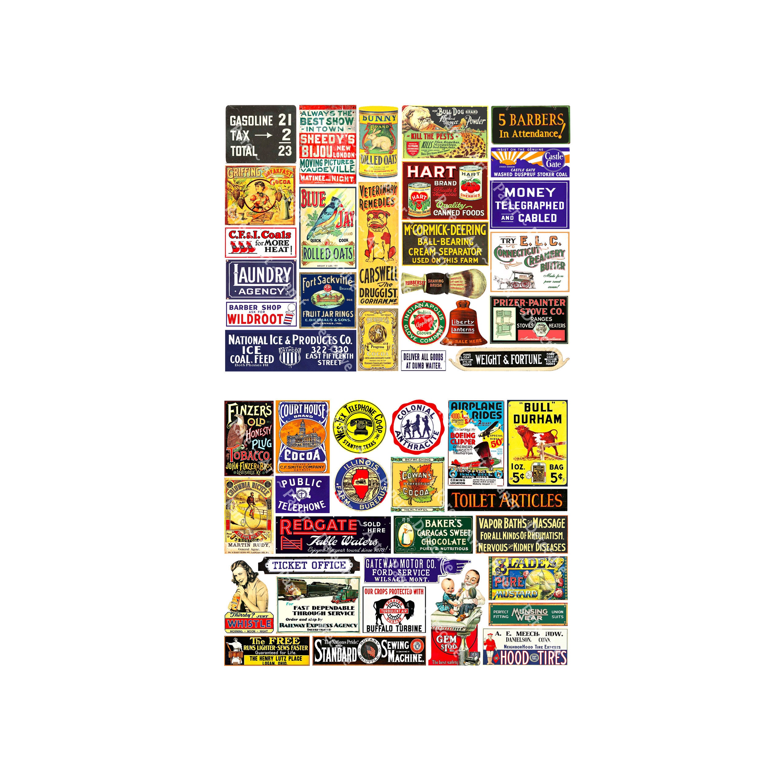 Advertising Sign Sticker 50 Advertising Sign Stickers, Dollhouse Miniature and Model Railroad ...