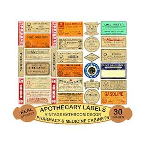Apothecary Poison Labels, 30 Halloween Bottle Stickers, Pharmacy Tag, Medicine Cabinet, Witches Cauldron, Bathroom Decor Bottles & Jars, 823