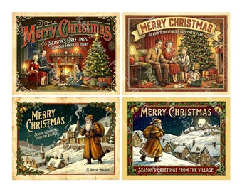 Christmas Stickers for Card Making and Decor, 4 Big Nostalgic Retro Postcards Sticker Illustrations, Cut and Peel Sheet, 1557