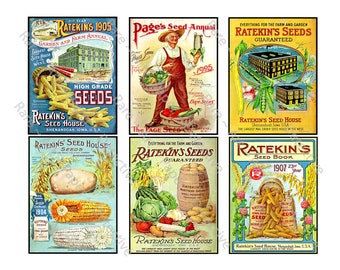 Garden Seed Packs, Real Stickers, Antique Seed Packet Catalog Cover Labels, Gardening Journal, Rustic Kitchen Art, 1 CUT & PEEL Sheet, 1288