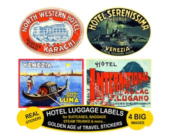 Luggage Stickers, 4 JUMBO Sized Hotel Baggage Labels on a DIY Sticker Sheet, 5" x 3.75" each, Suitcase & Steamer Trunk Labels, 1105