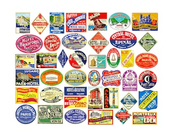 Hotel Luggage STICKERS, 4 DIY Craft Sheets, 42 Travel Trunk Stickers, Baggage Tags, Vacation & Travel Journals, Suitcase Decals, PACK 20
