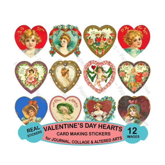 Valentine's Day Hearts, CUT & PEEL Sticker Sheet, Victorian