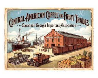 Central American Coffee and Fruit Trades, 1940s Style Fruit Crate Label Art, Retro Advertising, 7" x 10" Matte Art Print , 26-a38