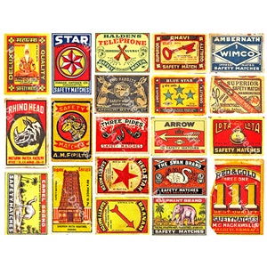 Matchbook-labels voor junkjournals, 20 houten luciferdooslabels, vintage labelkunststickers voor collage, clip art en notitieboeken, 134c