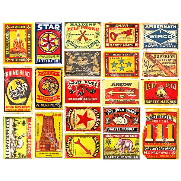 Matchbook Labels for Junk Journals, 20 Wood Safety Match Box Label Tags, Vintage Label Art Stickers for Collage, Clip Art & Note Books, 134c