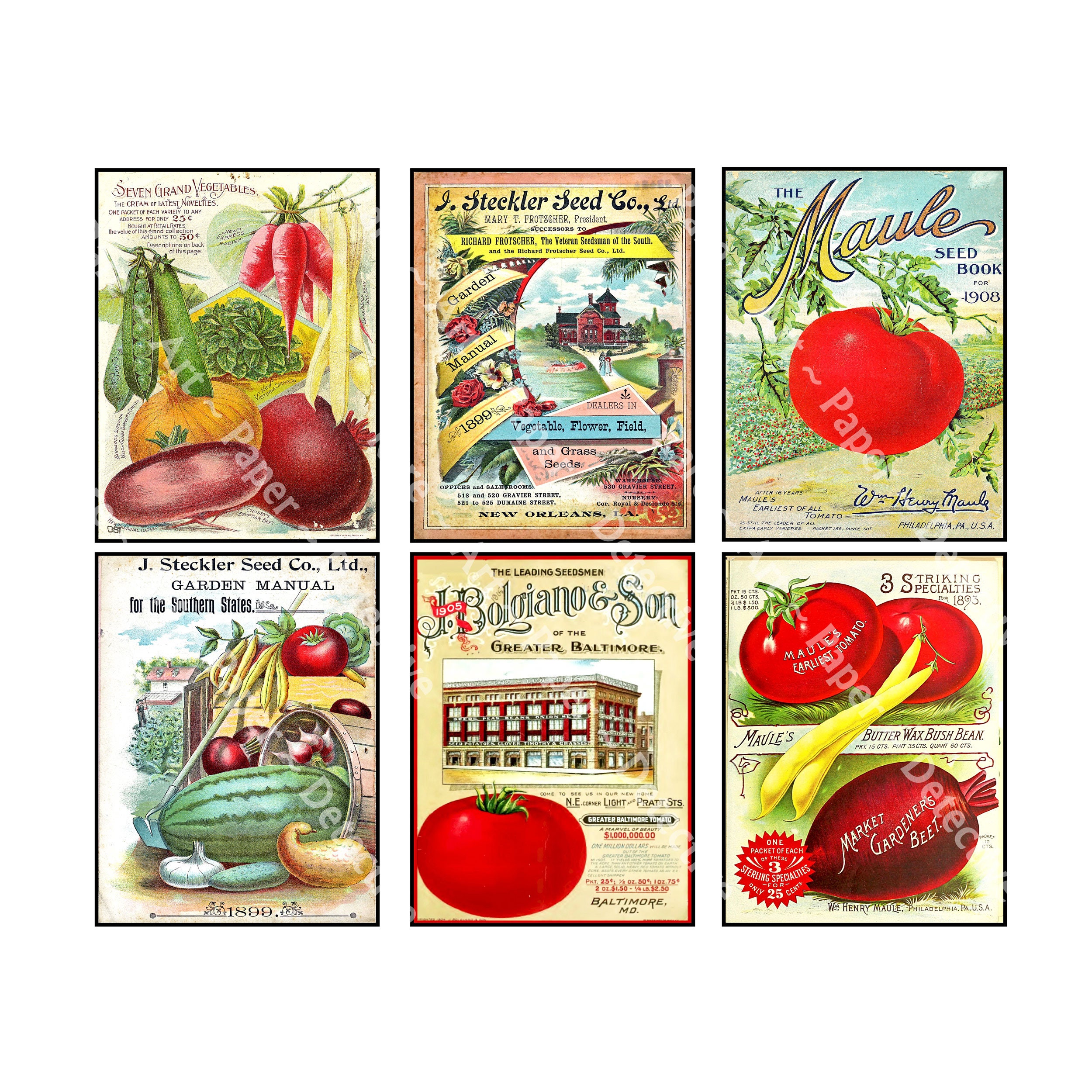 Antique Seed Packets, 6 Printed Seed Catalog Covers, Garden Clip Art, Art Prints, Kitchen Collage Art Papers, CUT & PEEL Sheet, 710N