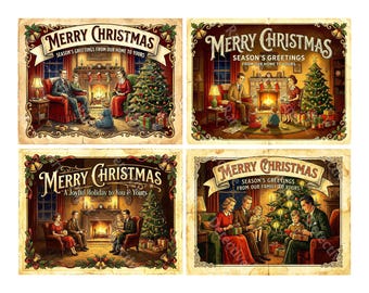 Christmas Stickers for Card Making and Decor, 4 Big Nostalgic Retro Postcards Sticker Illustrations, Cut and Peel Sheet, 1558