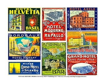 Retro Hotel Luggage Label Stickers: Travel Collage Sheet