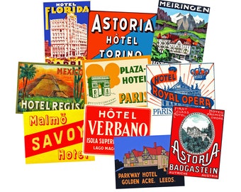 May include: A collection of vintage hotel stickers with colorful designs and text. The stickers feature names like "Hotel Florida", "Astoria Hotel Torino", "Plaza Hotel Paris", "Hotel Royal Opera", "Hotel Savoy", "Hotel Verbano", "Astoria Badgastein", and "Parkway Hotel Golden Acre, Leeds".