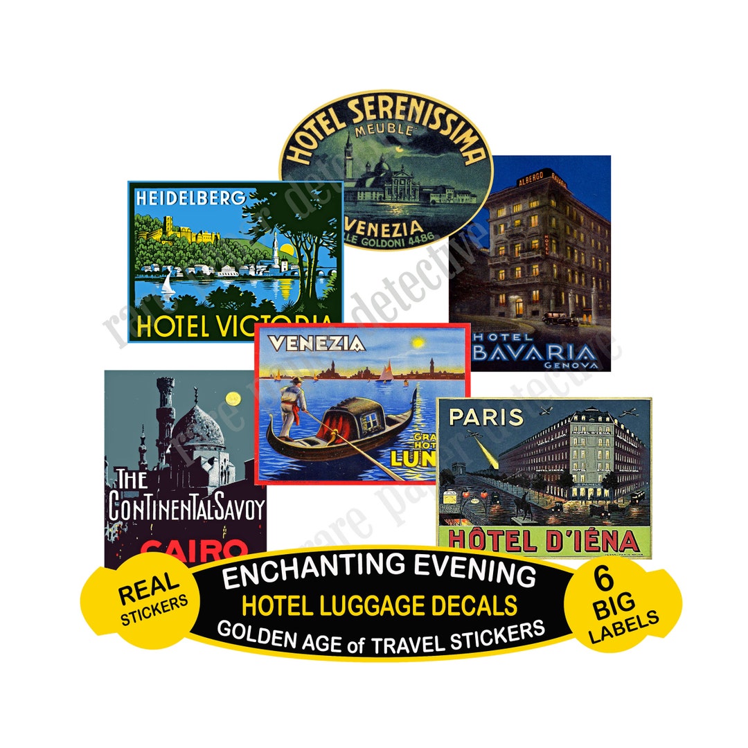 Luggage Stickers, Special Selection of 6 Large Hotel Baggage Label