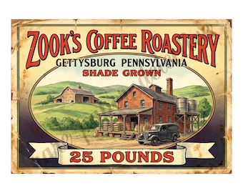 Zook's Coffee Roastery 1940s Style Coffee Label Art, Retro Advertising, 7" x 10" Matte Art Print , 26-a12