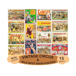 Circus Animal Show Poster Stickers, Miniatuur Formaat Wild West & Animal Show Posters, Vintage Reclame, Cut and Peel Sheet, 1213
