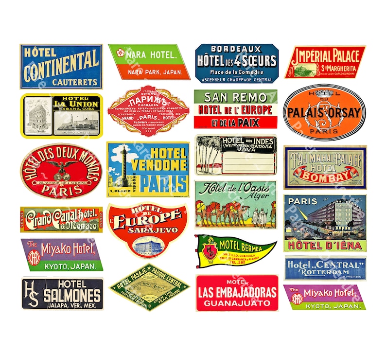 Travel Stickers Featuring 23 Hotel Luggage Labels, Each Sticker 2.5 ...