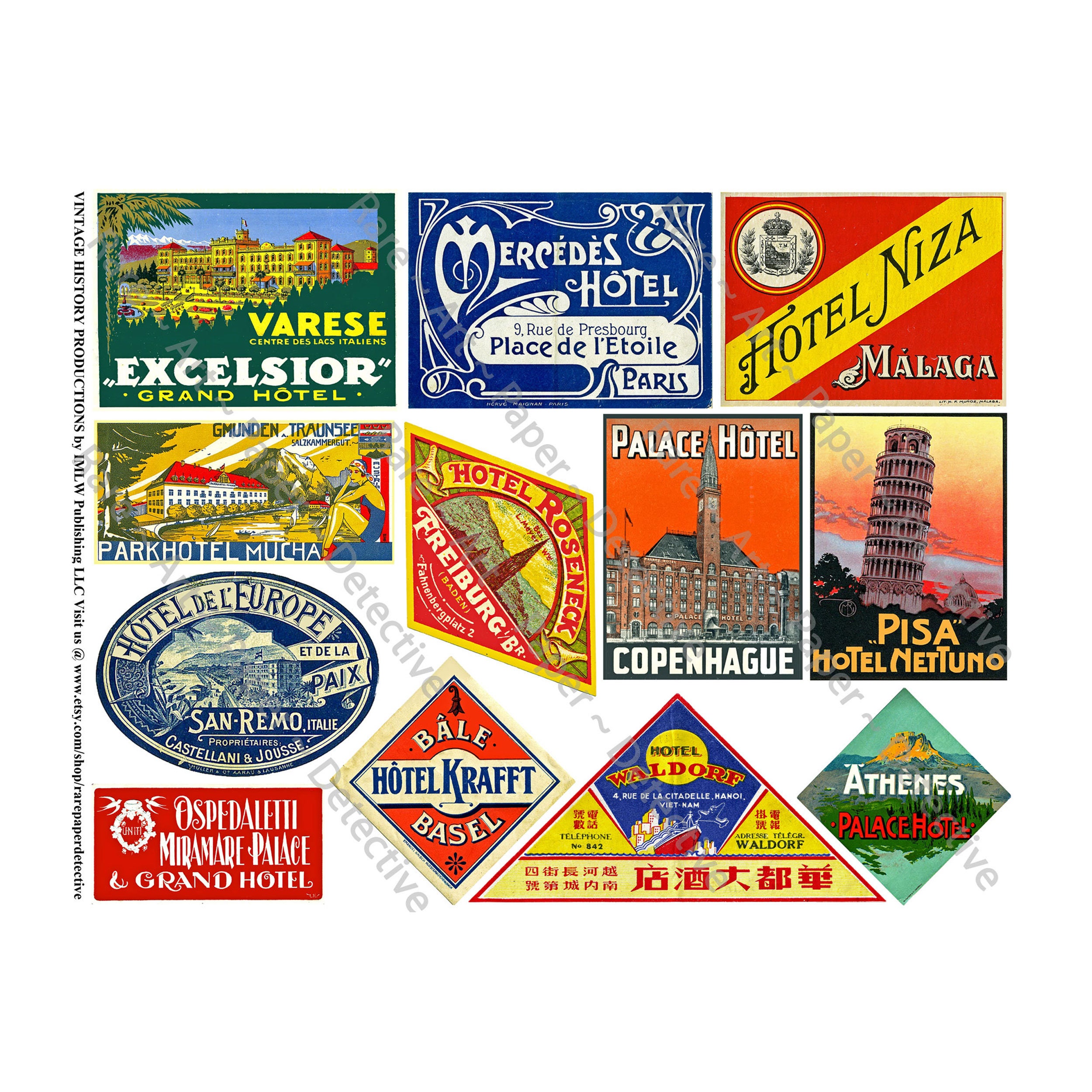 12 pcs. Travel Stickers, Hotel Luggage Labels, 1 Sheet, Baggage Tags, Steam Trunk Decal, Vintage Label Art & Travel Journal Stickers, 723