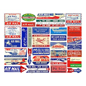 Etichette posta aerea, ADESIVI REALI, Etichette posta aerea mondiale, Clip art aviazione, Decalcomania bagaglio aereo, Foglio fai da te, Par Avion, 924