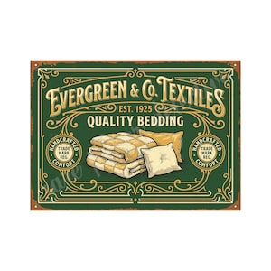 May include: A vintage-style metal sign with a green background and gold lettering. The sign reads "Evergreen & Co. Textiles, Est. 1925, Quality Bedding." It features illustrations of pillows and a folded blanket. The sign has a distressed, aged appearance.