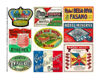 May include: A collection of vintage hotel stickers featuring various locations around the world. The stickers are colorful and feature illustrations of hotels, flags, and text. Some of the locations include: Hotel del Coronado, Tourist's Place Hotel Athenes, Hua Hin Hotel Siam, Hotel Bella Riva Fasano, Hotel Minerve Pisa, Macao Hotel China, New Plaza Hotels Baguio, and Grand Hotel de France Cadiz.