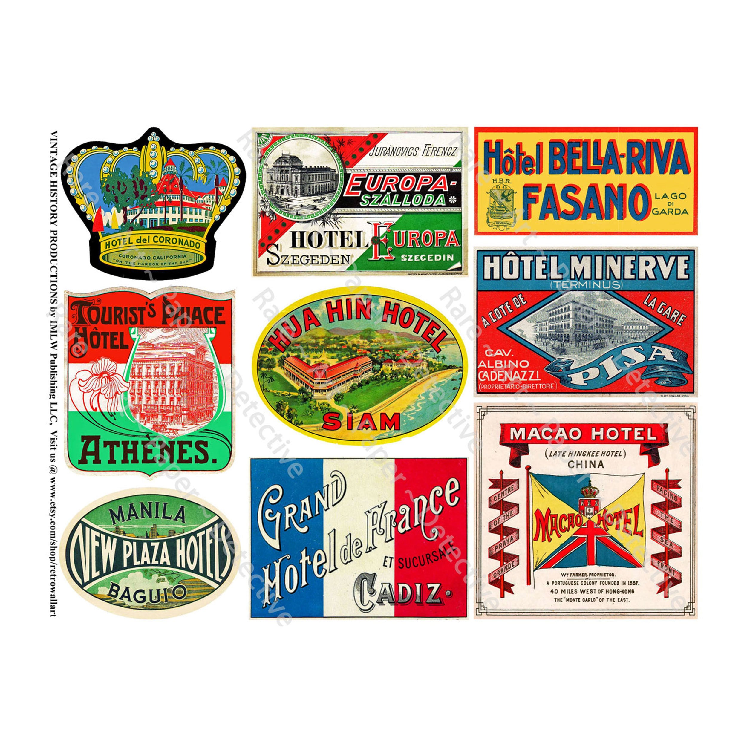 Hotel Luggage Label, Sticker Sheet, Suitcase Decals, Siam, Athens Greece Label, Barcelona Hotel, Old Travel Trunk Labels, Baggage Tags, 632