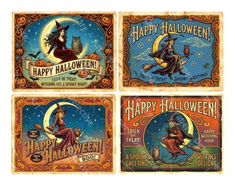 Nostalgic Halloween Stickers, Postcard & Greeting Card Making, Vintage Witch Illustrations, 5.25" x 4" each, 1465