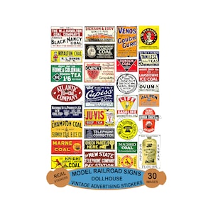Model Signs for Trains & Dollhouses, Sticker Sheet, 30 Multi Scale Images, Miniature Signs are great for O-Scale and G-Scale Trains, #1005