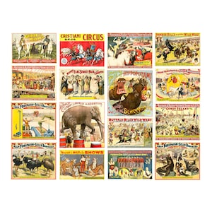May include: A collage of vintage circus posters featuring colourful illustrations and bold text. The posters advertise various circus acts, including a hippopotamus, elephants, wild west shows, and a Coney Island attraction. The posters are all in a similar style, with a red and yellow colour scheme and a bold, eye-catching design.