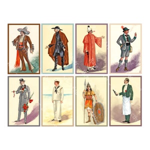 Kostuumillustratiestickers mannen in grillige outfits vintage personages in mooie kleding plakboekstickers op 1 doe-het-zelf-vel, 1328