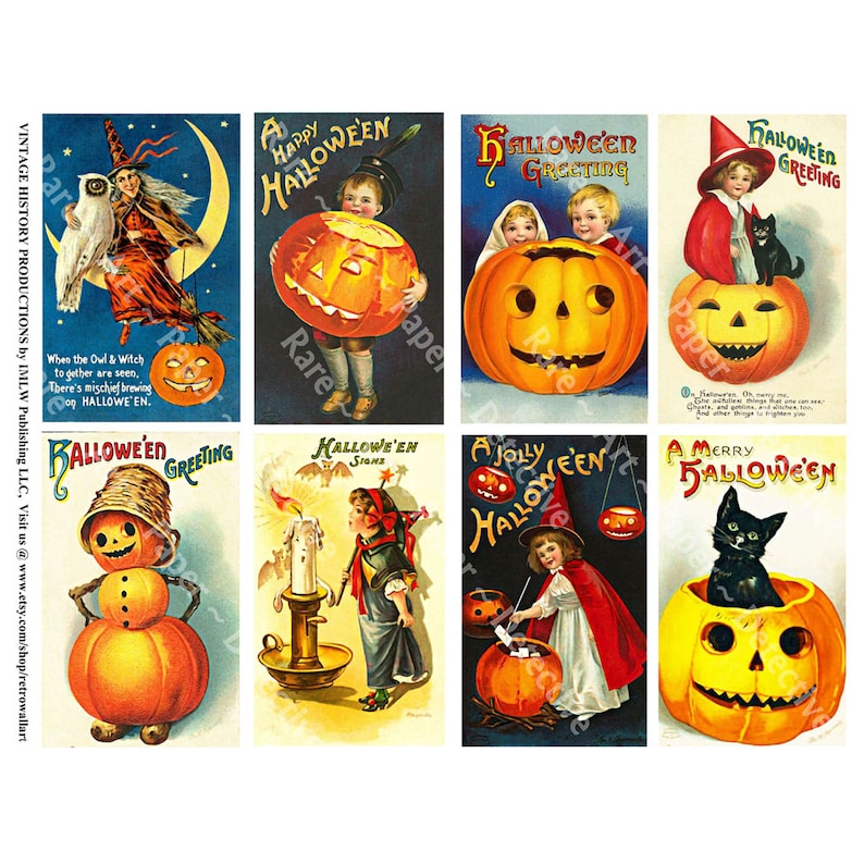 16 Vintage Spooky Halloween Decorations Halloween Postcard Party Novelty Halloween Stickers Antique Pumpkin Collage Paper 2P43 2 Sheets
