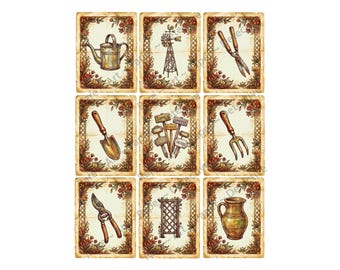 Garden Sticker Tags and Junk Journal & Collage Crafters Antique Old World Style, 9 Tags at about 3.5" each, Cut and Peel Sheet 1567