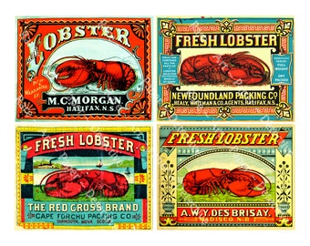 Lobster Can Labels, STICKER Sheet, Nova Scotia Labels, Fishery Sign Collage, Mixed Media Clip Art Advertisements, Kitchen Decoration, 646N