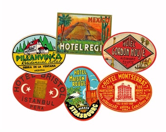 May include: A collection of vintage hotel stickers with red, white, and blue colors. The stickers feature the names of hotels in different countries, including Mexico, Egypt, Argentina, Turkey, France, and Cuba.