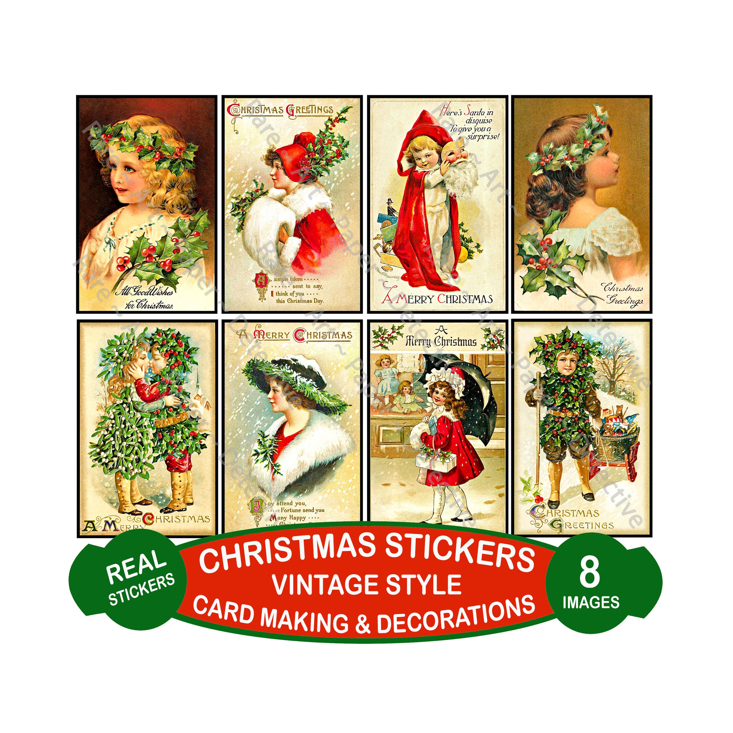 8 Pcs. Christmas Stickers, Deluxe Set of Old Fashioned Postcard