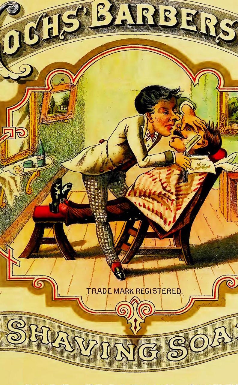 Puede incluir: Anuncio vintage para el jab&oacute;n de afeitar "Koch's Barbers". La ilustraci&oacute;n muestra a un barbero afeitando a un cliente con una navaja de afeitar. El texto "Trade Mark Registered" es visible debajo de la ilustraci&oacute;n.