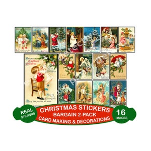 Kerstkaartillustratiestickers, luxe set van 16 ansichtkaarten, elk 4 x 2,5 inch, 2 knipvellen voor doe-het-zelvers, 2P80