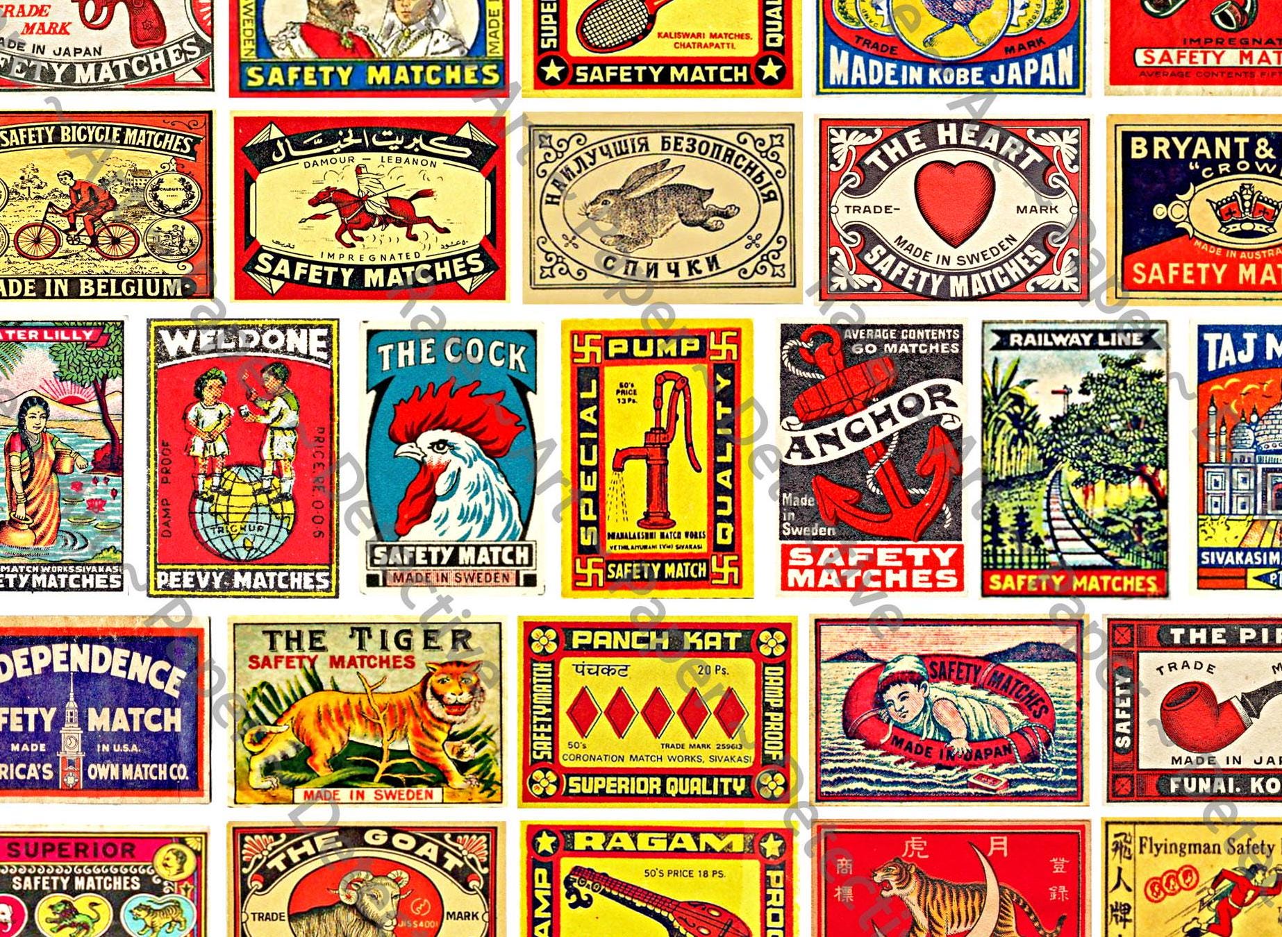 Antique Matchbox Label Stickers, Authentic Sizes, 2