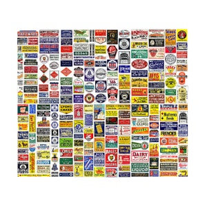 May include: A collage of vintage advertising signs with various colors and fonts. The signs promote products and services like hardware, coal, tea, and groceries. Some signs feature text like "Soda," "Telephone," and "Drugs."