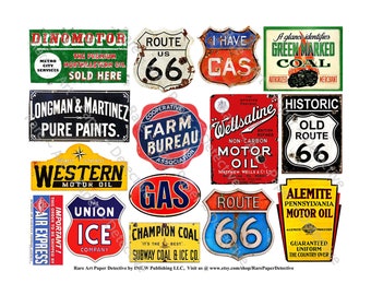 Old Rusty Metal Signs, STICKER Sheet, 15 Weathered Tin Signs and General Store Advertising, Farm Sign, Route 66 Sign, CUT & PEEL Sheet, 491