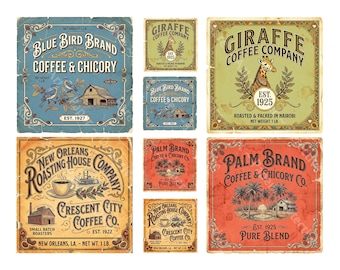 Coffee Label Vintage Style Stickers, Decor Kitchen Canister Labels, 4" x 4" each, Easy Cut and Peel Sheet, 1477