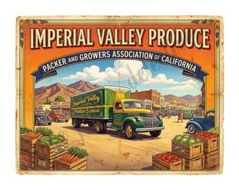 Imperial Valley Produce, etiqueta de caja de fruta estilo años 50, publicidad retro, impresión artística mate de 10.5" x 8", 26-a60