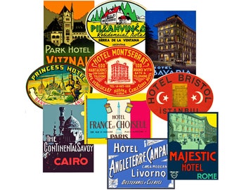 May include: A collection of vintage hotel stickers with colorful designs and text. The stickers feature names of hotels in various cities around the world, including Cairo, Istanbul, Paris, Rome, and Livorno. The stickers are printed on a white background.