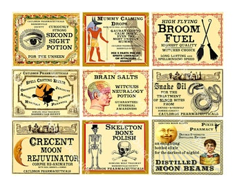 Adesivi di Halloween, etichette da farmacia delle streghe, adesivi a tema strega per bottiglie e barattoli, decorazioni per feste di Halloween, set di 9 etichette, 980