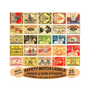 Vintage Matchbox Label Stickers, Authentic Sizes, 2" wide each, Matchbook Art Labels, 25 Pcs. Junk Journals, CUT & PEEL Sticker Sheet, 1202