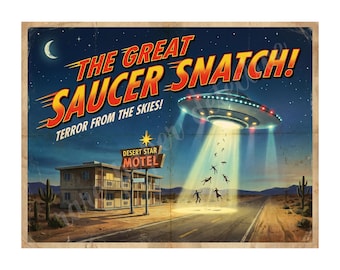Retro Movie Poster, Classic 1950s Cinema Print, Flying Saucer UFO Adventure, 8" x 10.5" Matte Finish Art Accent Print, e11