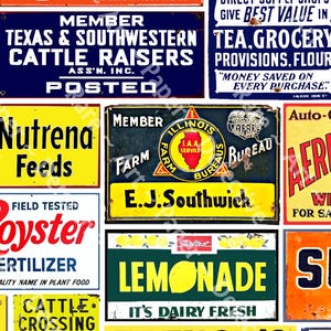 May include: A collage of vintage-style signs with various colors and text. The signs advertise products like cattle raisers, feeds, fertilizer, lemonade, and a windmill. Some signs have a distressed look with faded paint and chipped edges.