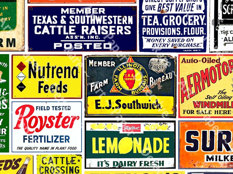 May include: A collage of vintage-style signs with various colors and text. The signs advertise products like cattle raisers, feeds, fertilizer, lemonade, and a windmill. Some signs have a distressed look with faded paint and chipped edges.