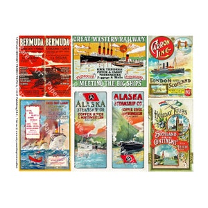 May include: A collage of vintage travel posters featuring steamships and destinations like Bermuda, Alaska, and Scotland. The posters have colorful illustrations and text, advertising various steamship companies and tours.