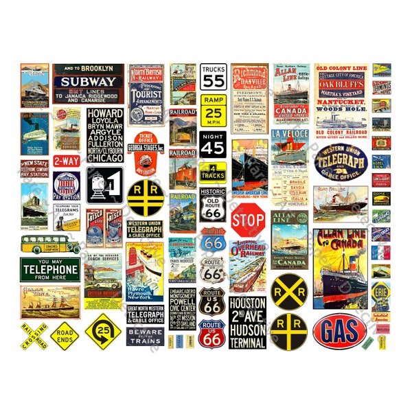 Dollhouse Travel Signs, Posters & Advertising Stickers, 1/12 Scale or Multi Scale Stickers, Model Railroad, CUT and PEEL Sheet, 1111