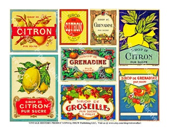 Kitchen Adhesive Stickers, Sirop De Citron, 8 Vintage French Graphics Decals, Lemon Syrup, Antique Kitchen Décor, CUT & PEEL Sheet, 387